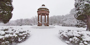 Barrans Fountain, snow winter scene in Roundhay Park Leeds